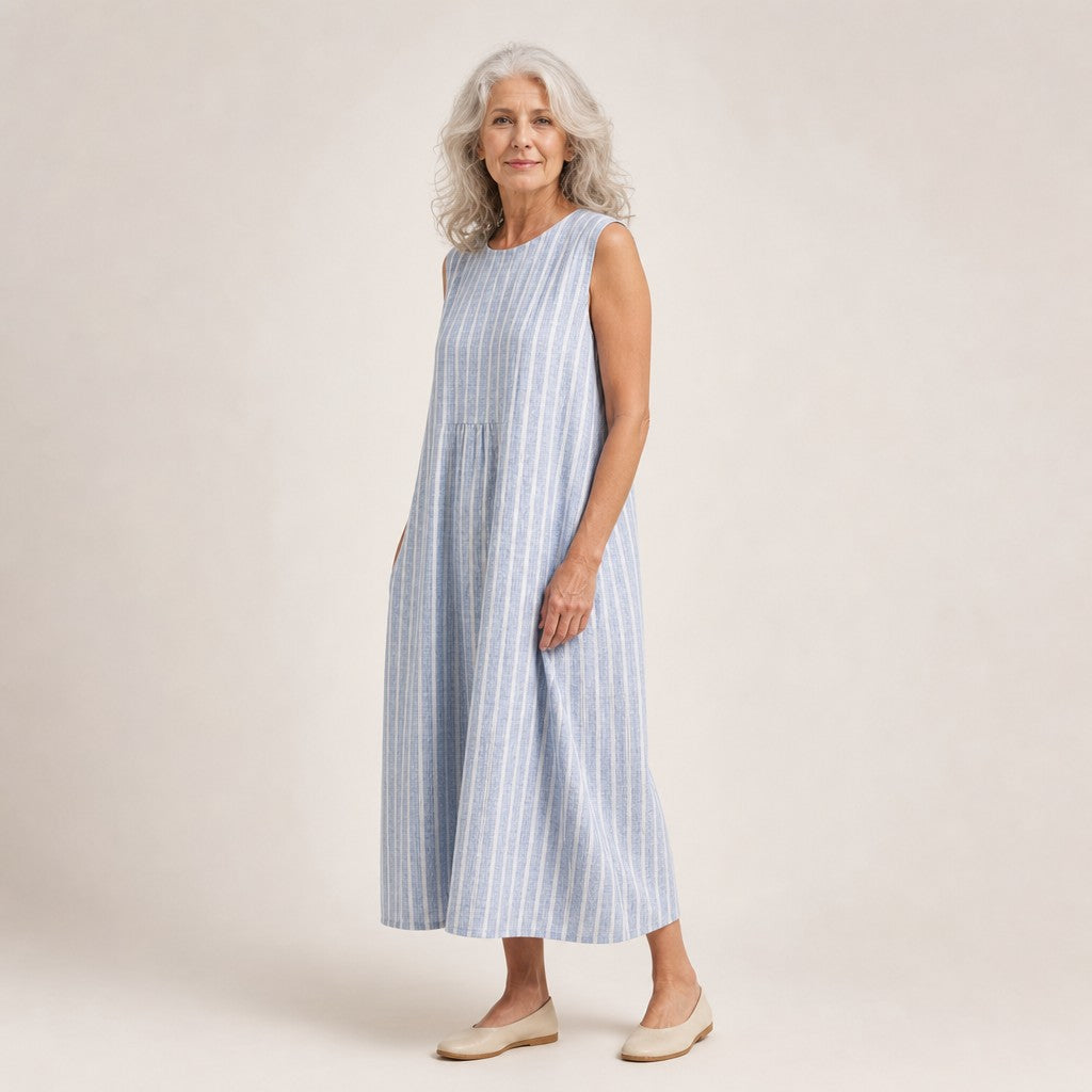 Amelia | Fine Stripe Sleeveless Midi Dress