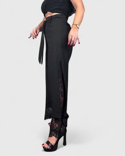 Marnie | Black Wide-Leg Trousers with Lace Hem