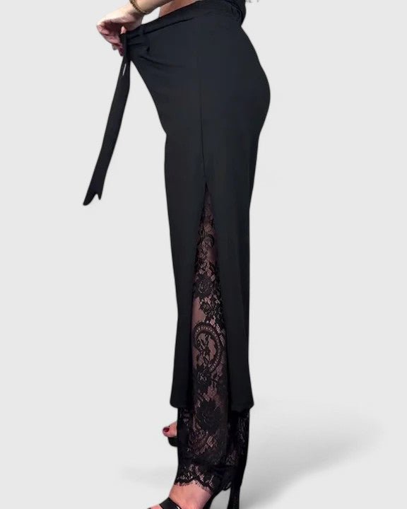 Marnie | Black Wide-Leg Trousers with Lace Hem