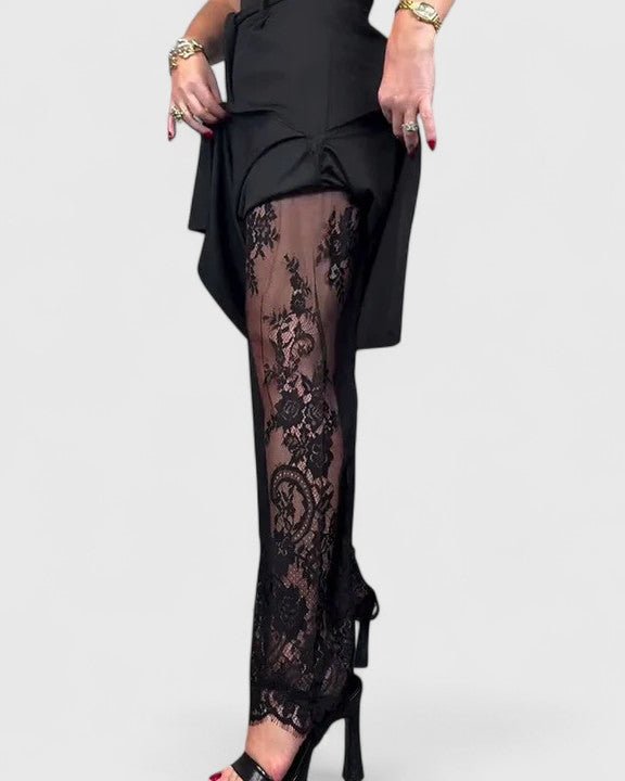 Marnie | Black Wide-Leg Trousers with Lace Hem