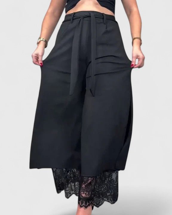 Marnie | Black Wide-Leg Trousers with Lace Hem