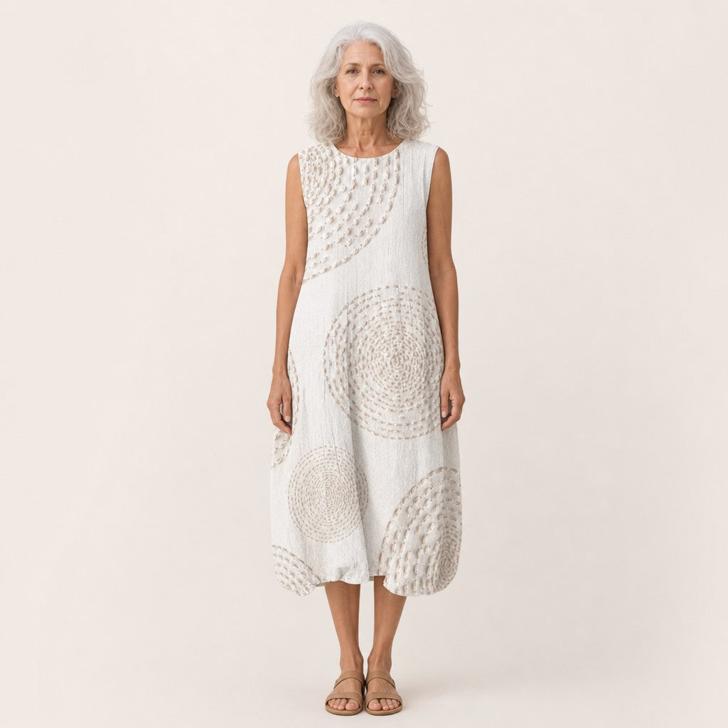 Belle | White Circle Pattern Sleeveless Midi Dress