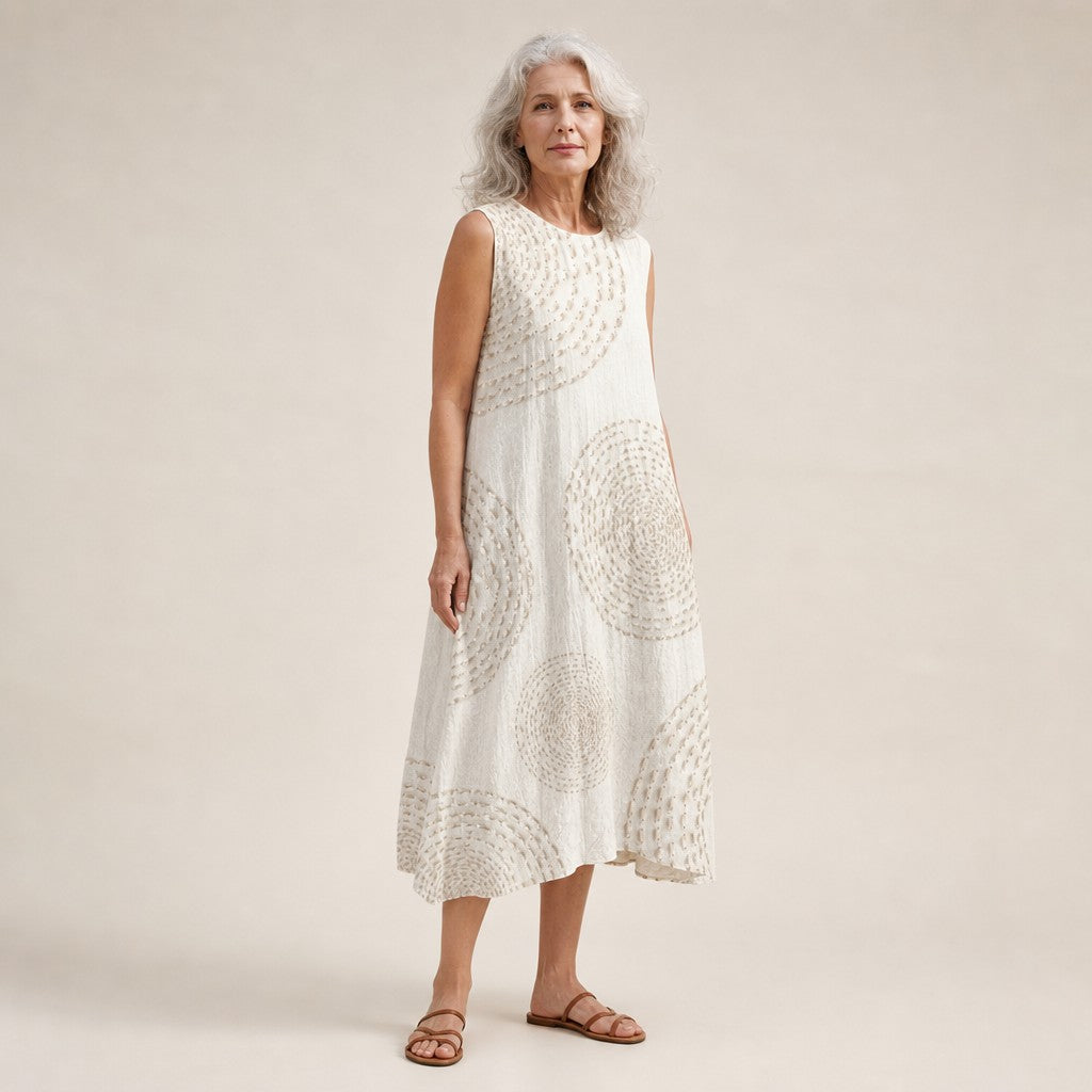 Belle | White Circle Pattern Sleeveless Midi Dress