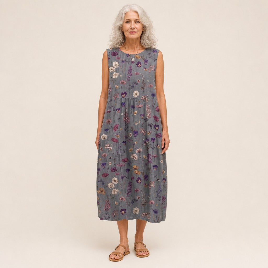 Edwina | Grey Ditsy Floral Sleeveless Midi Dress