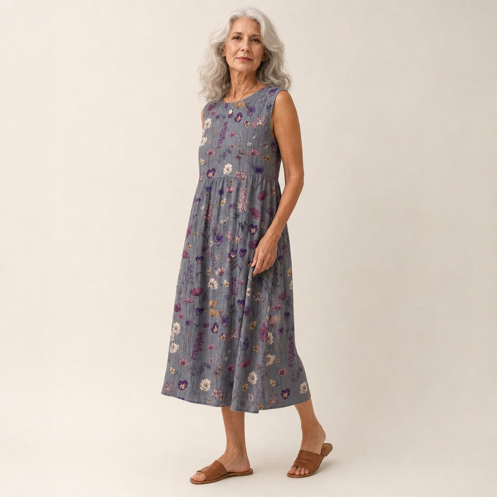 Edwina | Grey Ditsy Floral Sleeveless Midi Dress