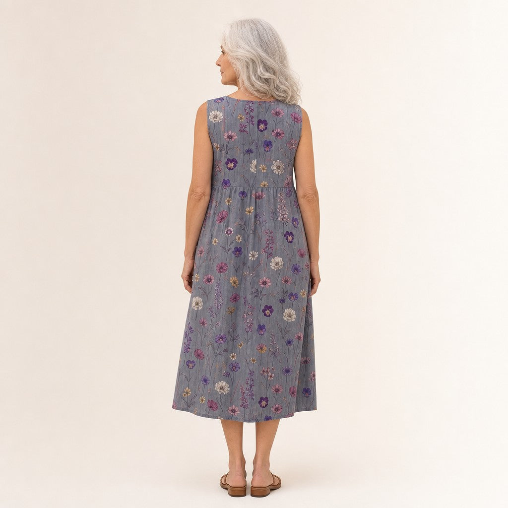Edwina | Grey Ditsy Floral Sleeveless Midi Dress