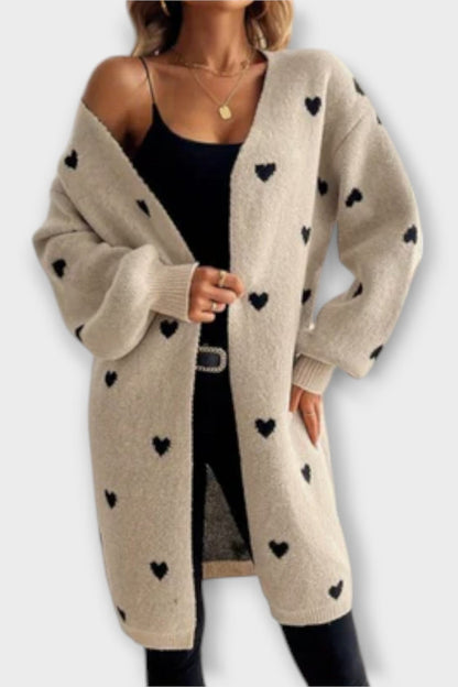 Mabel | Long Beige Heart Cardigan