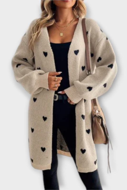Mabel | Long Beige Heart Cardigan