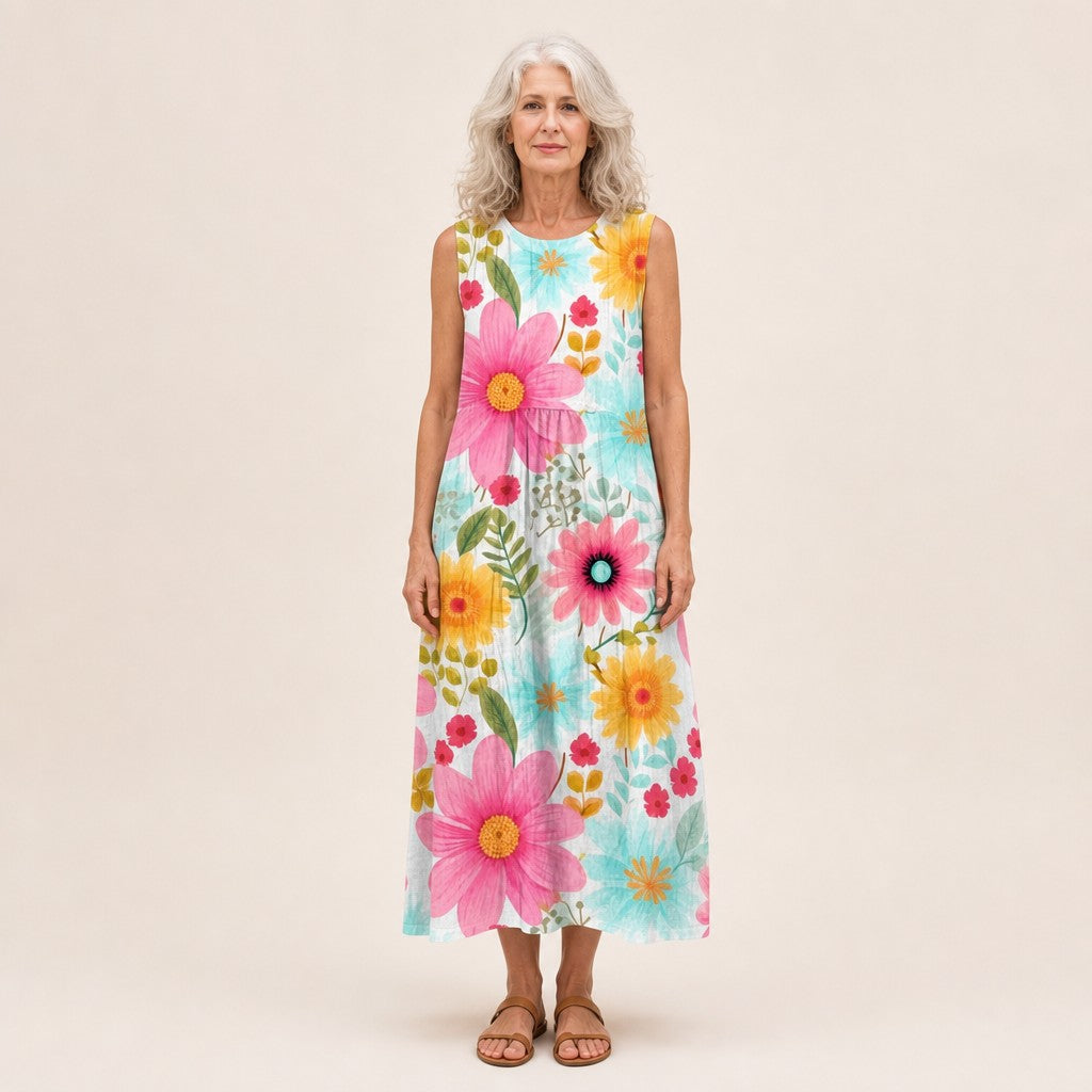 Adelaide | Bright Daisy Print Sleeveless Midi Dress