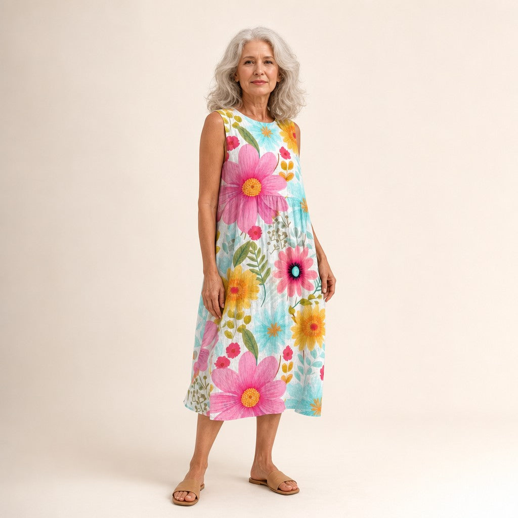 Adelaide | Bright Daisy Print Sleeveless Midi Dress