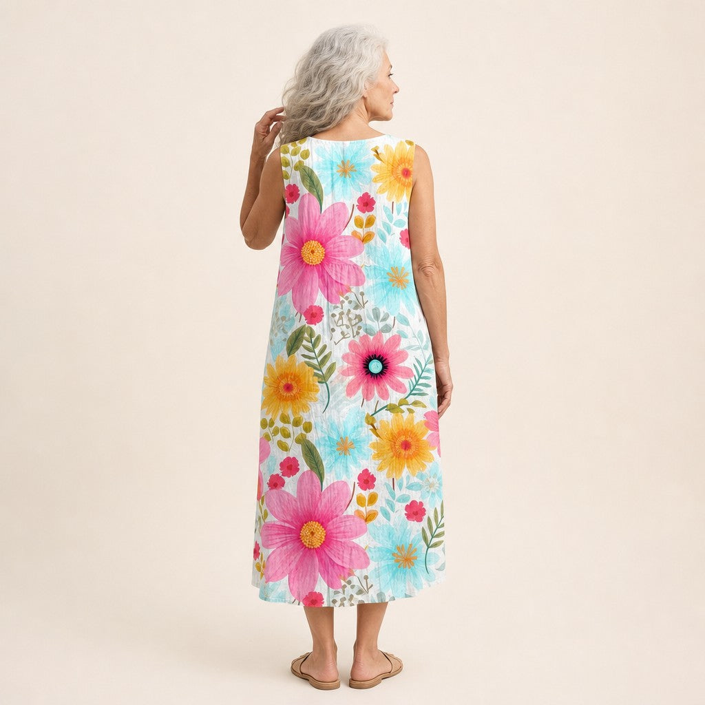 Adelaide | Bright Daisy Print Sleeveless Midi Dress
