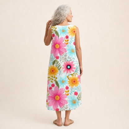 Adelaide | Bright Daisy Print Sleeveless Midi Dress