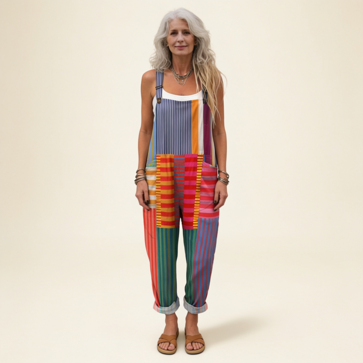 Freya | Colourful Stripe Patchwork Dungarees