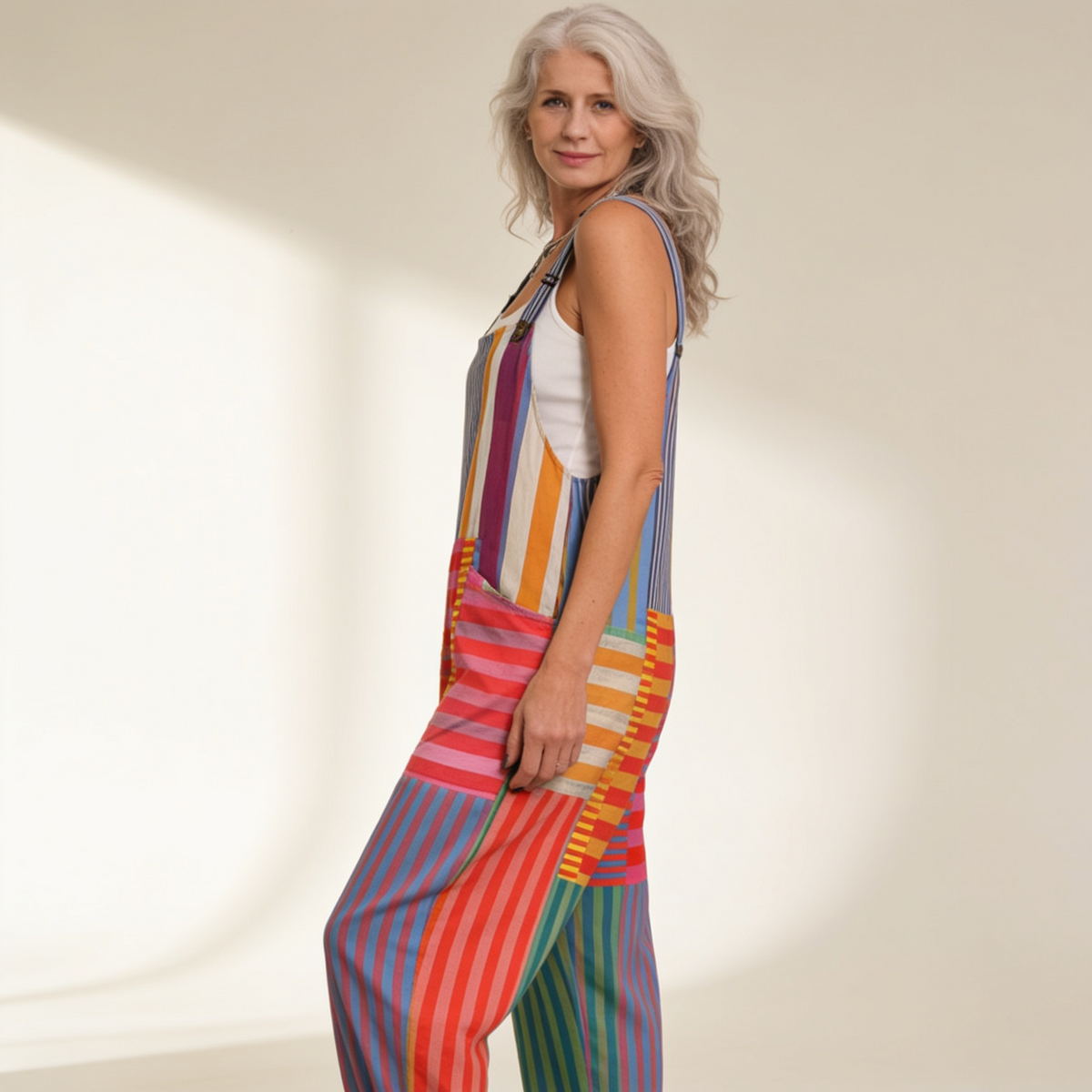 Freya | Colourful Stripe Patchwork Dungarees