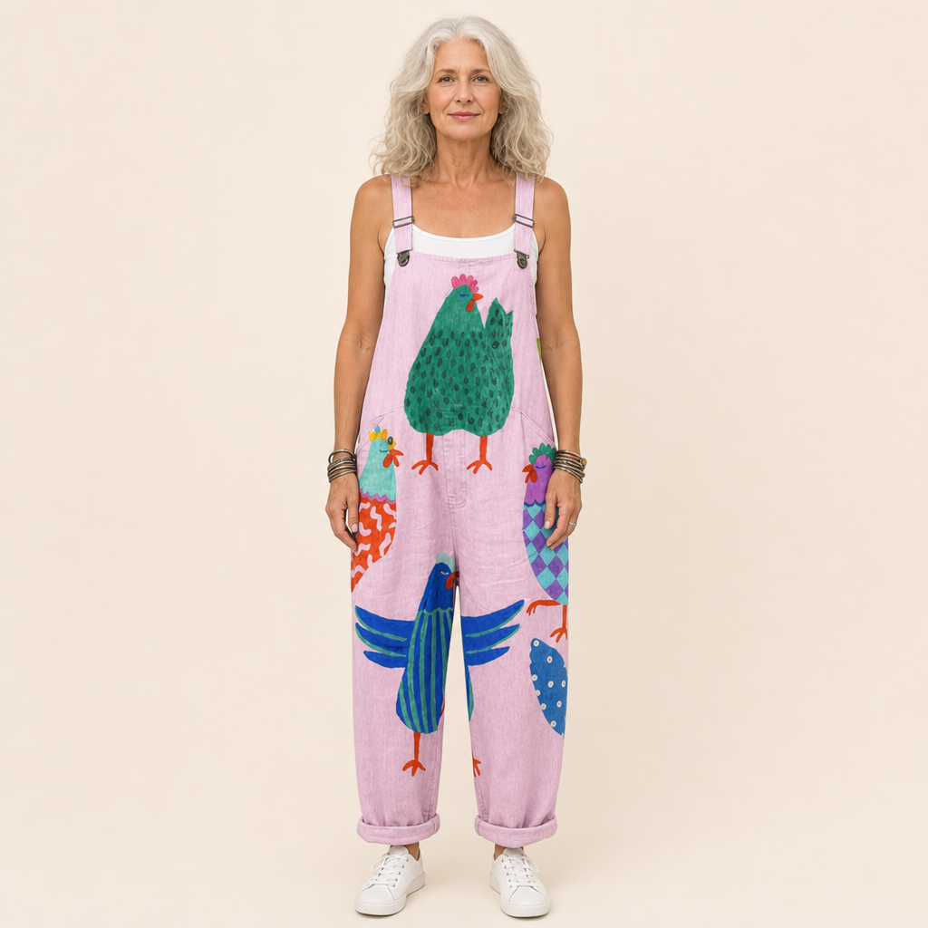 Karen | Pink Hen Print Dungarees