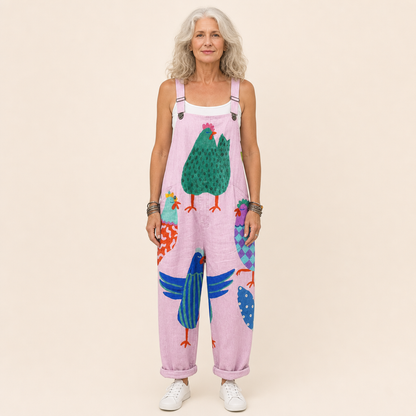 Karen | Pink Hen Print Dungarees
