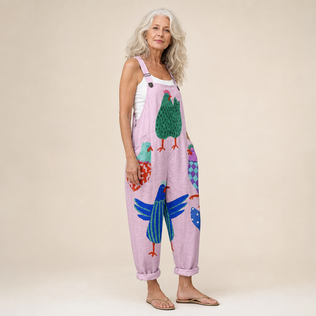 Karen | Pink Hen Print Dungarees