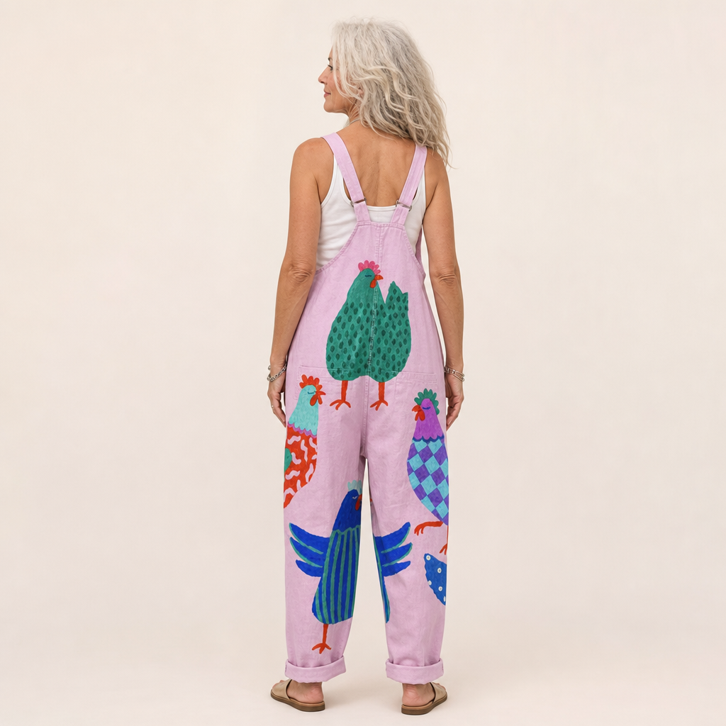 Karen | Pink Hen Print Dungarees