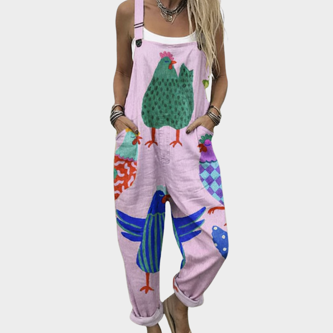 Karen | Pink Hen Print Dungarees