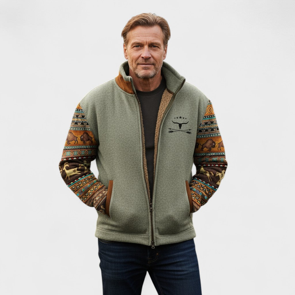 Matthew | Tan Pattern-Sleeve Fleece Jacket