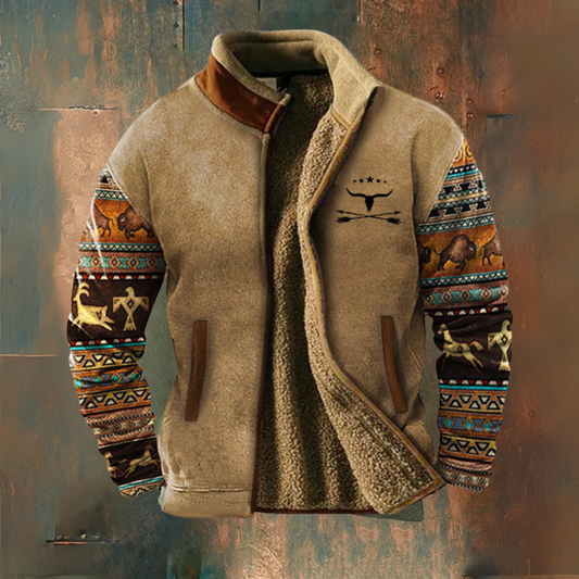Matthew | Tan Pattern-Sleeve Fleece Jacket