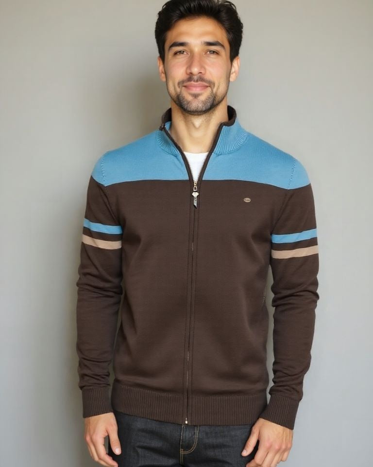 Mervyn | Brown Colour-Block Zip Cardigan