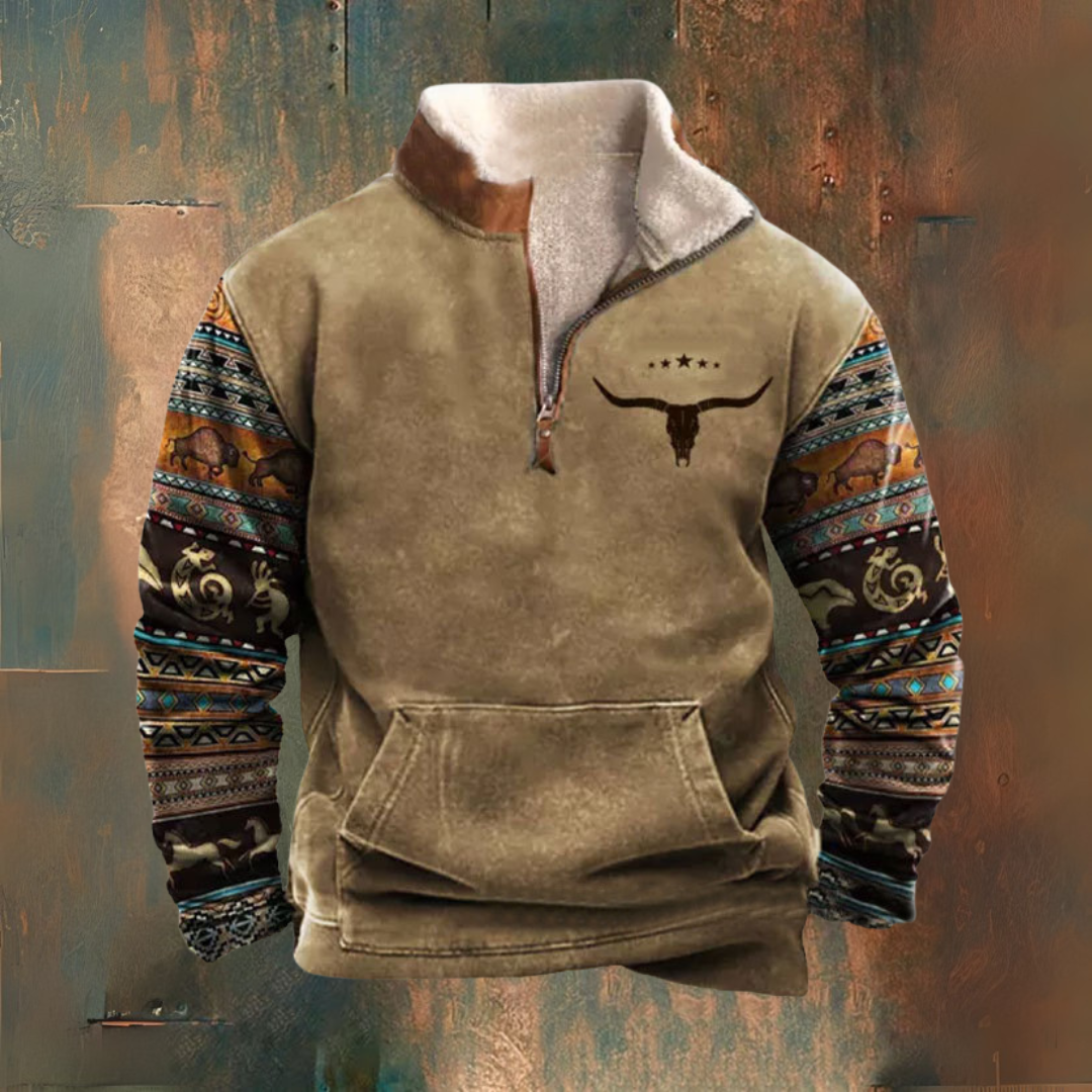 Martin | Brown Pattern-Sleeve Half-Zip Sweatshirt