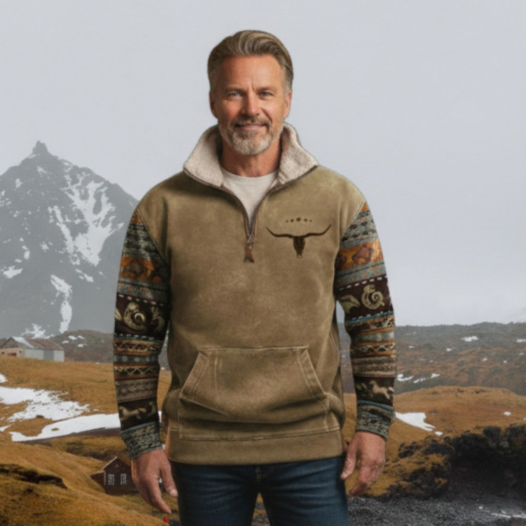 Martin | Brown Pattern-Sleeve Half-Zip Sweatshirt