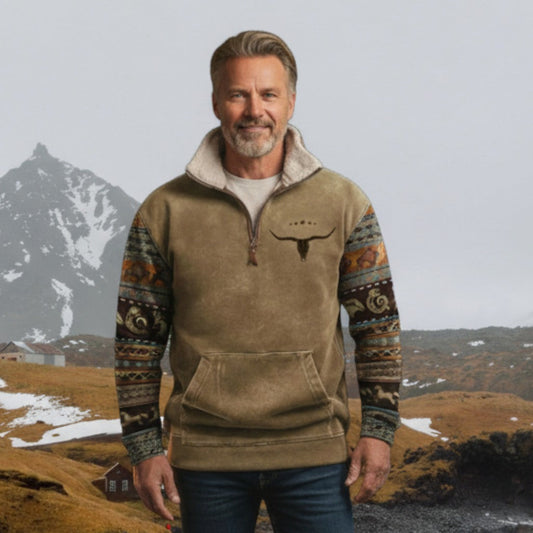 Martin | Brown Pattern-Sleeve Half-Zip Sweatshirt