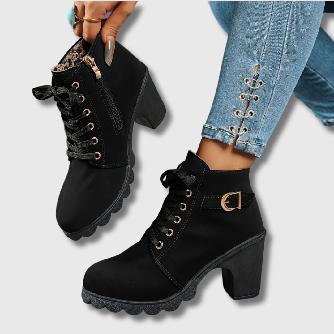 Melinda | Black Lace-Up Heeled Ankle Boots