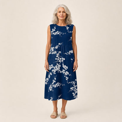 Effie | Navy Cherry Blossom Sleeveless Midi Dress
