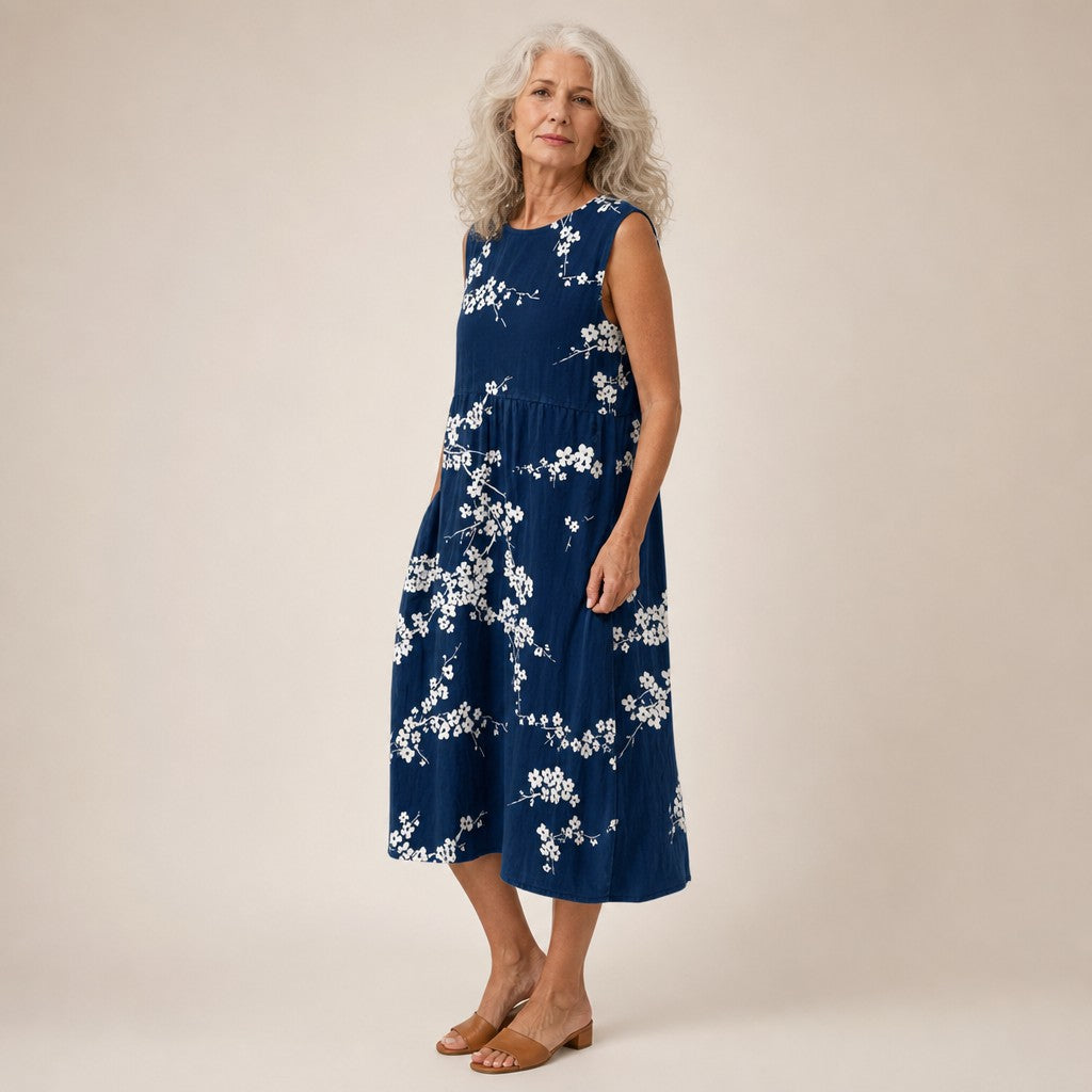 Effie | Navy Cherry Blossom Sleeveless Midi Dress