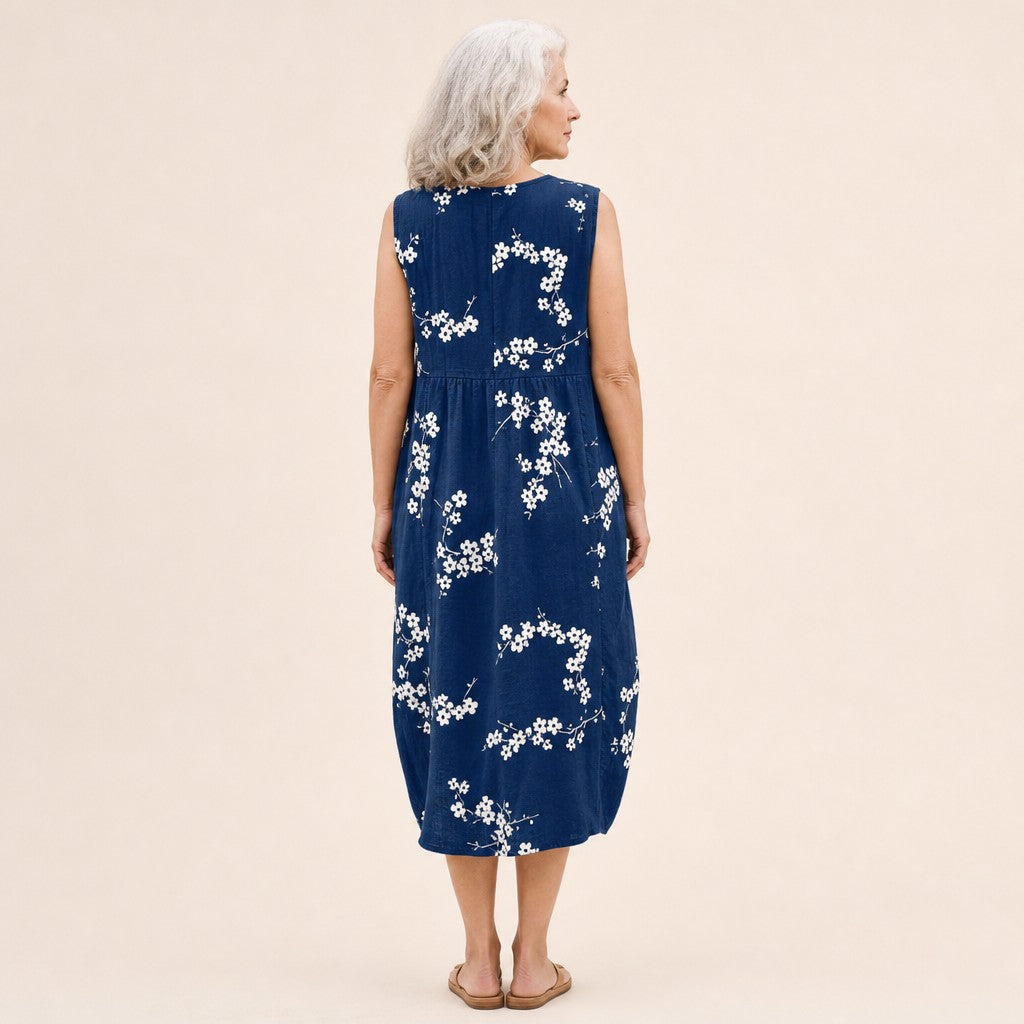 Effie | Navy Cherry Blossom Sleeveless Midi Dress