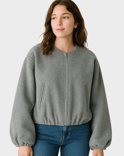 Meg | Grey Cropped Bomber Jacket