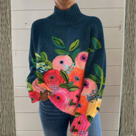 Rose | Navy Floral Roll-Neck Jumper