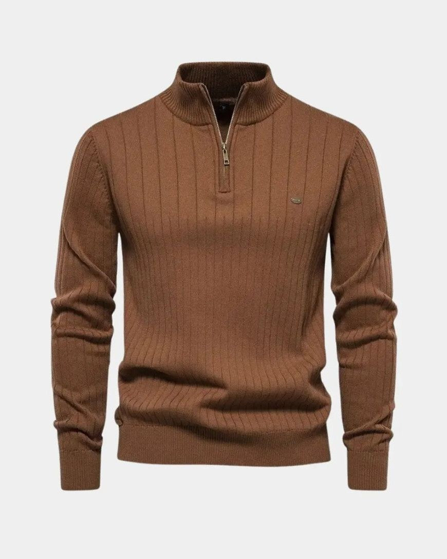 Milo | Brown Ribbed Half-Zip Jumper