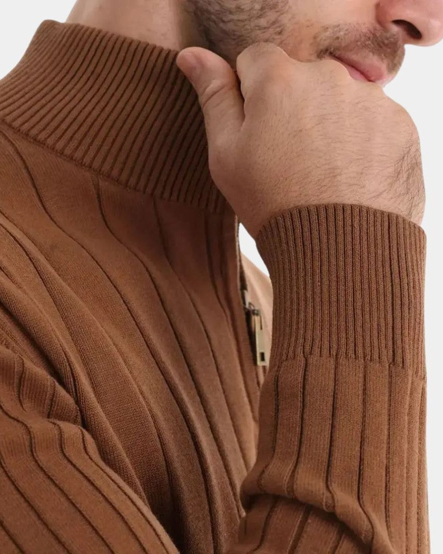 Milo | Brown Ribbed Half-Zip Jumper