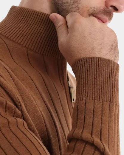Milo | Brown Ribbed Half-Zip Jumper