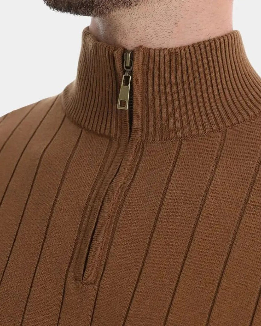 Milo | Brown Ribbed Half-Zip Jumper