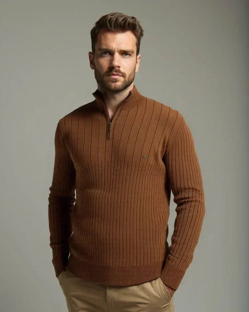 Milo | Brown Ribbed Half-Zip Jumper