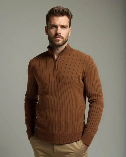 Milo | Brown Ribbed Half-Zip Jumper