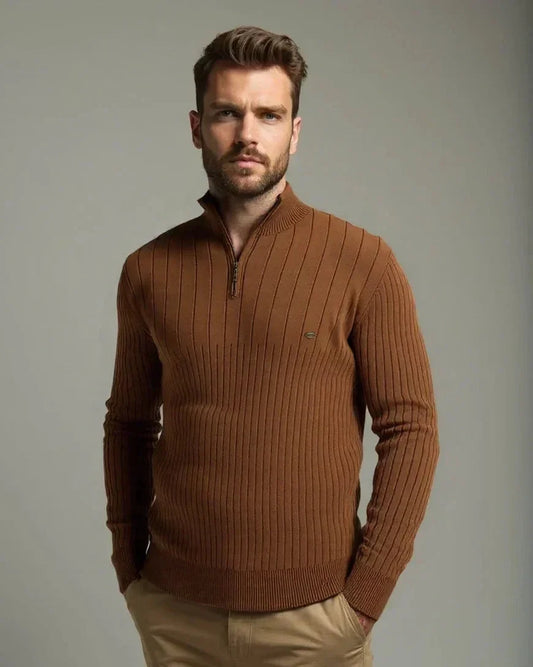 Milo | Brown Ribbed Half-Zip Jumper