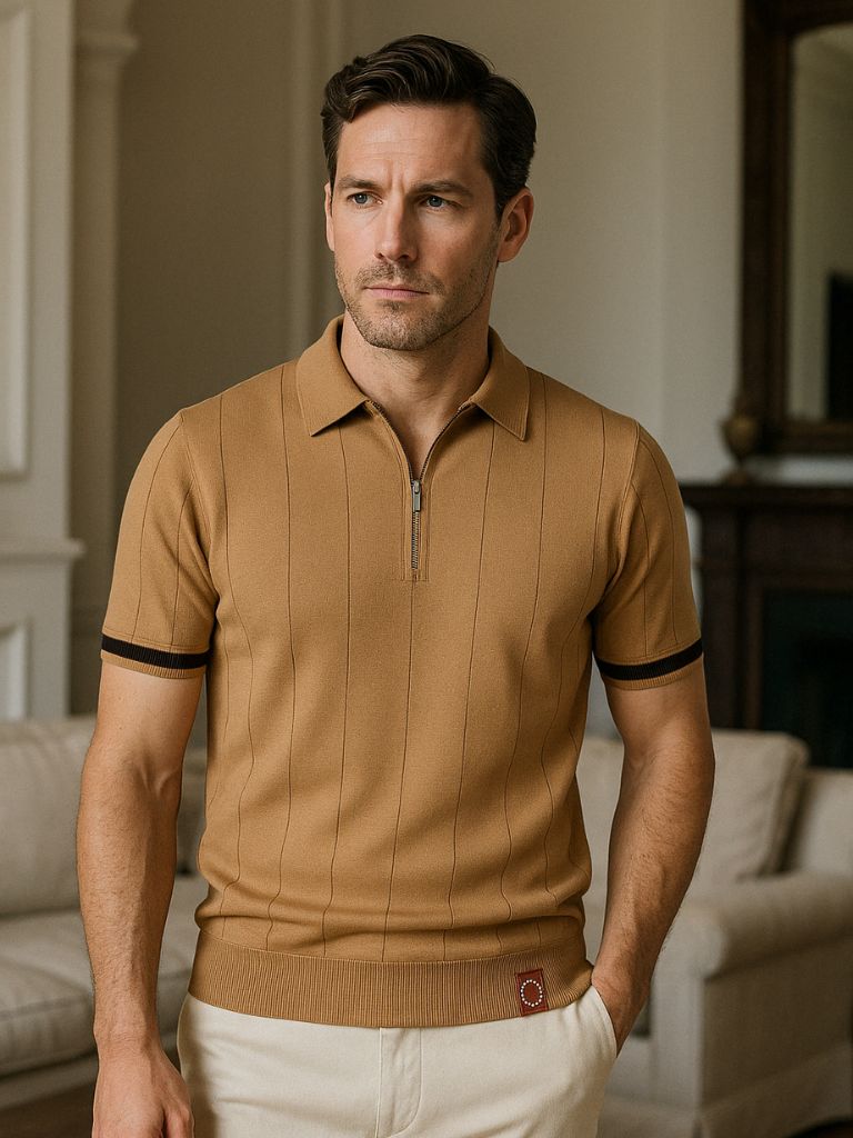 Milo | Tan Zip-Collar Knit Polo