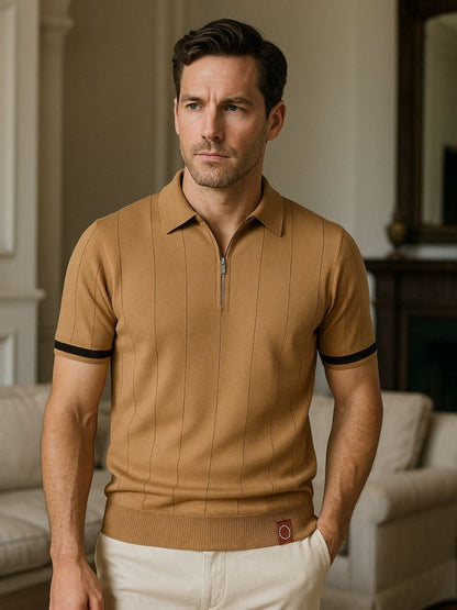 Milo | Tan Zip-Collar Knit Polo