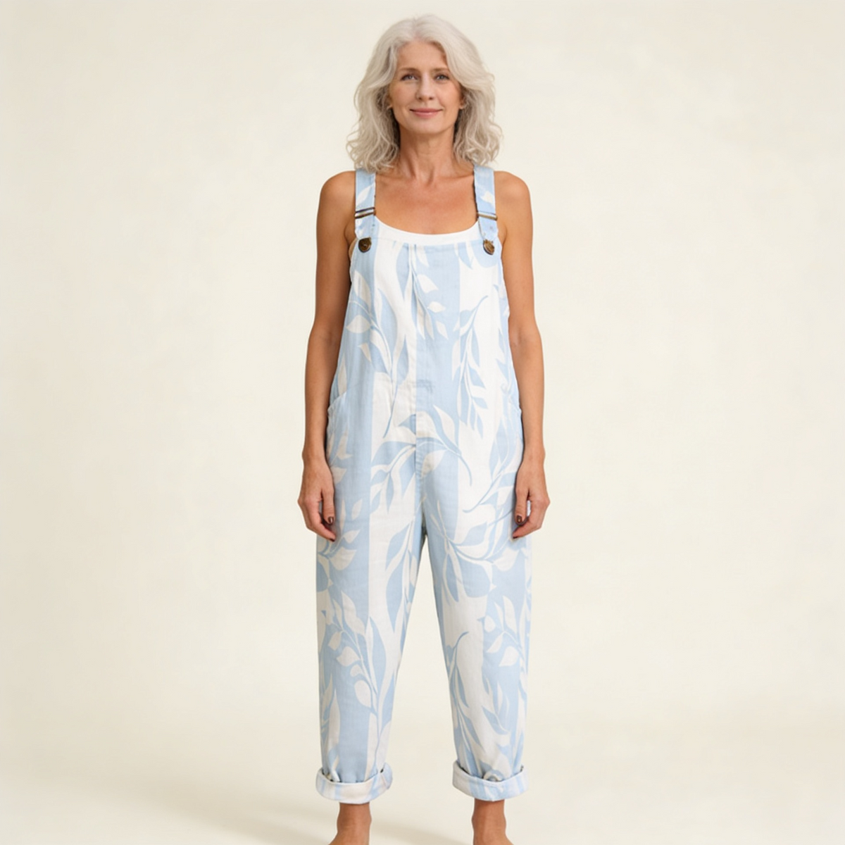 Grace | Pale Blue Leaf Print Dungarees