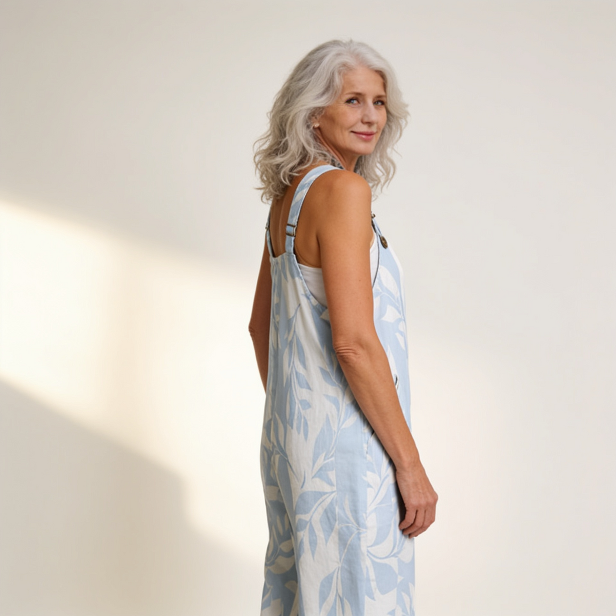 Grace | Pale Blue Leaf Print Dungarees