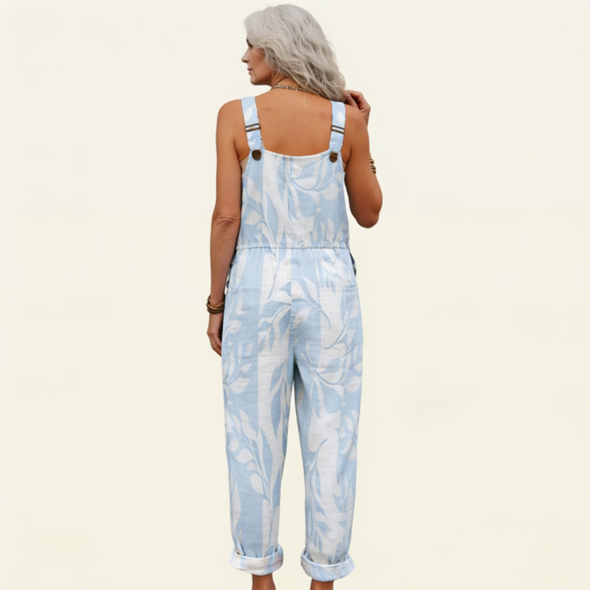 Grace | Pale Blue Leaf Print Dungarees