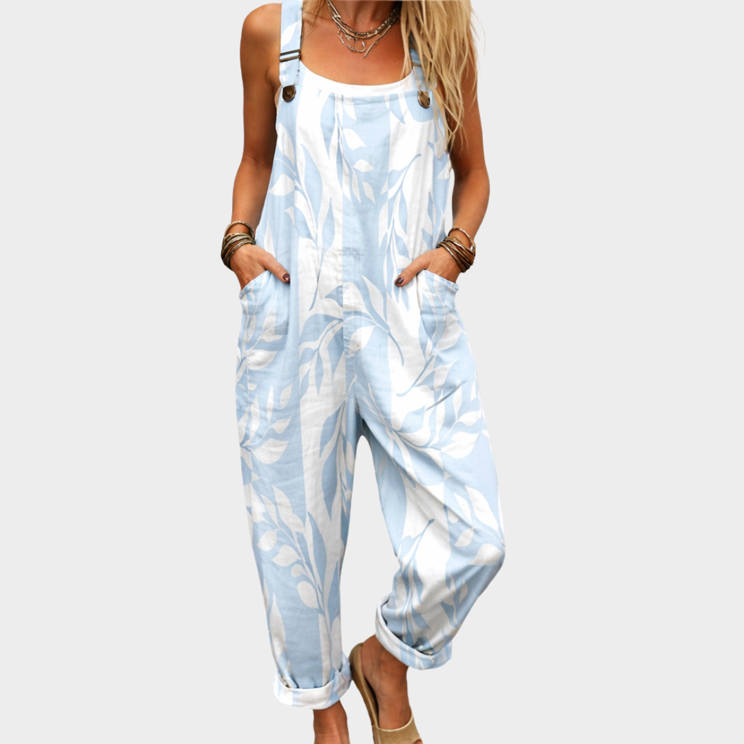 Grace | Pale Blue Leaf Print Dungarees
