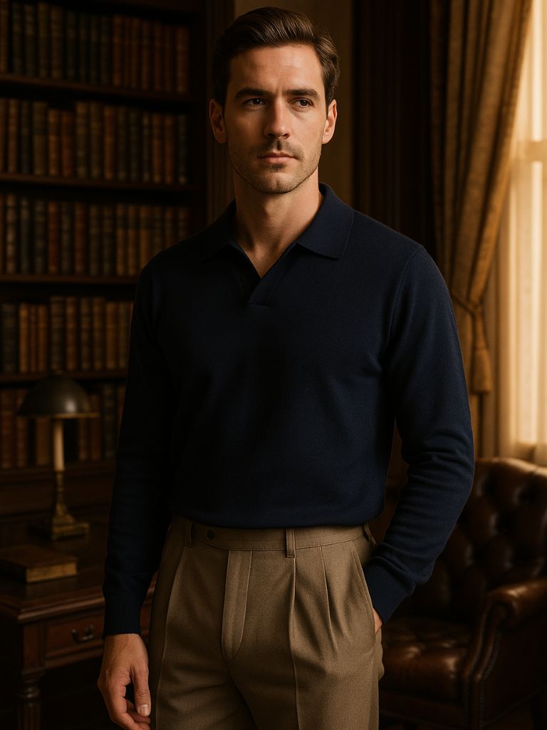 Noel | Brown Long-Sleeve Open-Collar Polo