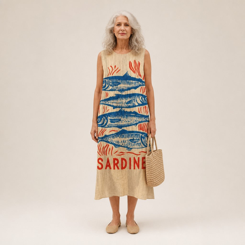 Iris | Sardine Print Sleeveless Midi Dress